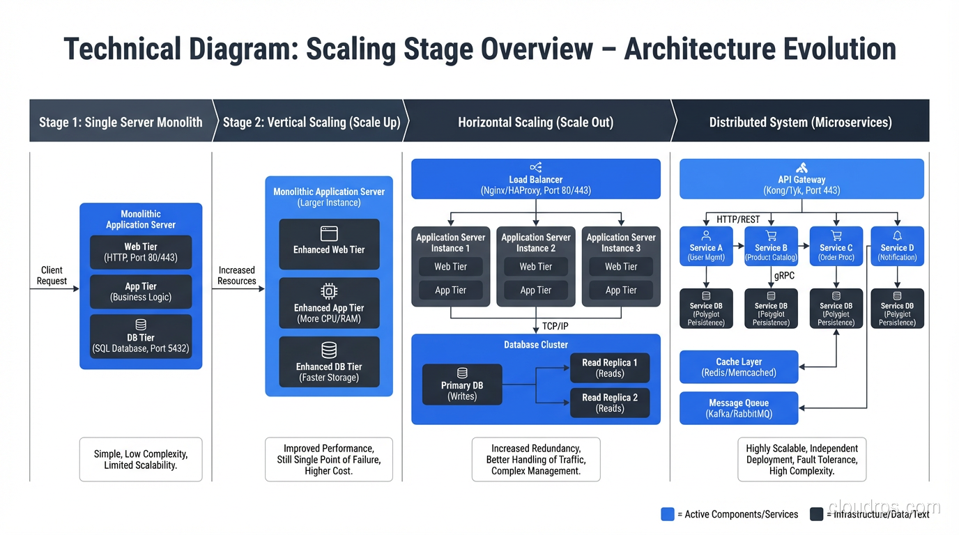 Scaling stage overview showing architecture evolution from single server to distributed system