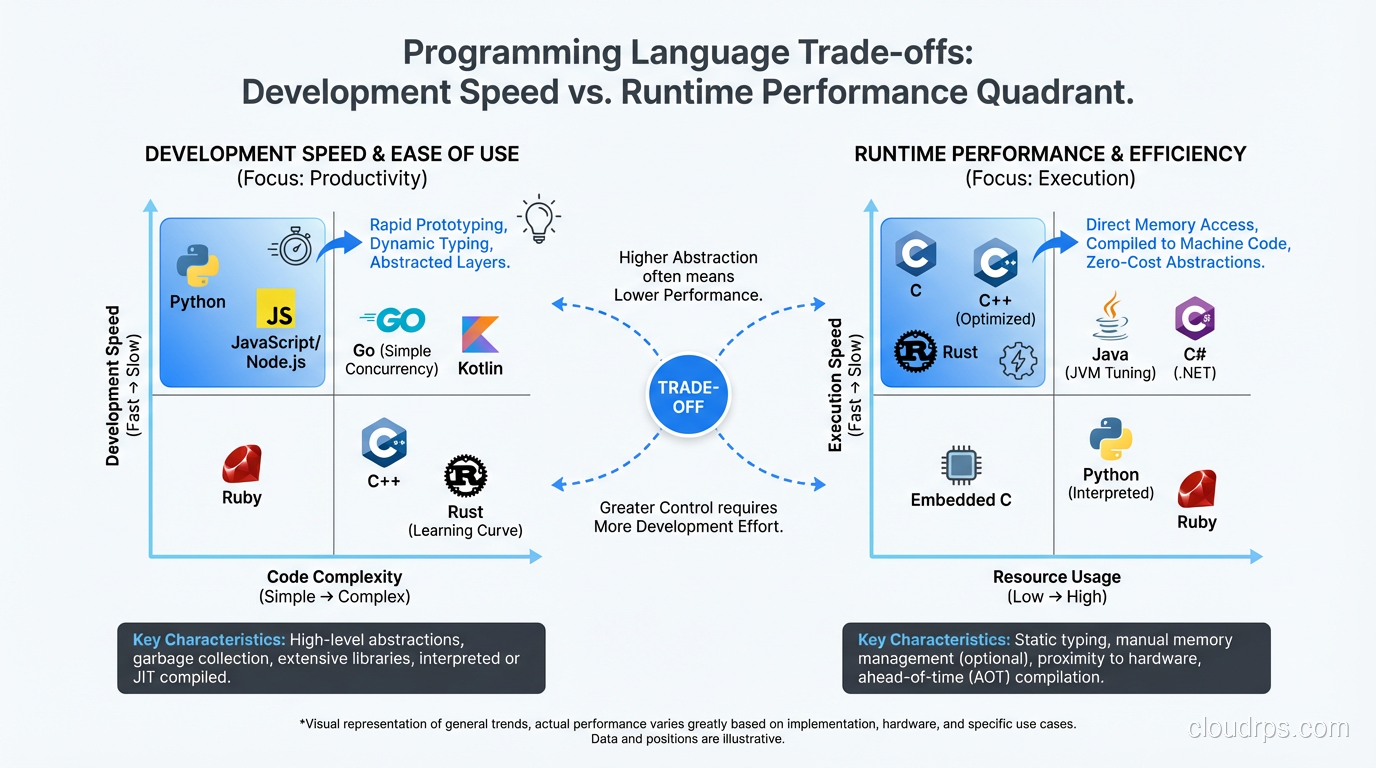 Development speed vs runtime performance quadrant chart for major programming languages