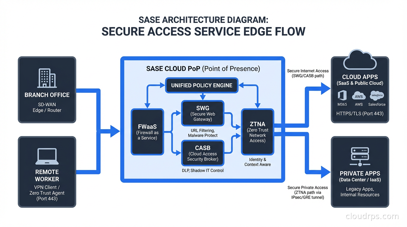 SASE architecture diagram showing branch offices, remote workers, and cloud apps connecting through cloud PoPs with integrated security