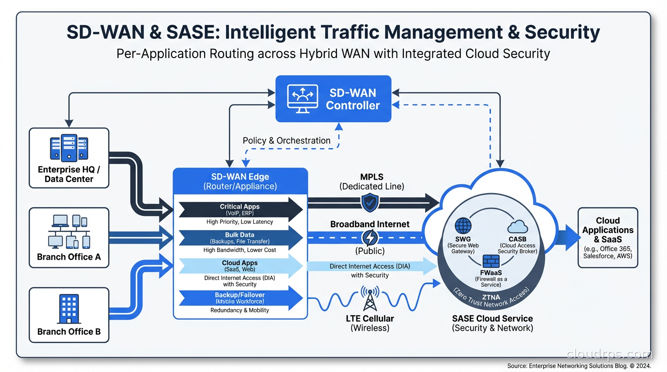 SD-WAN controller managing traffic across MPLS, broadband, and LTE paths with per-application routing policies
