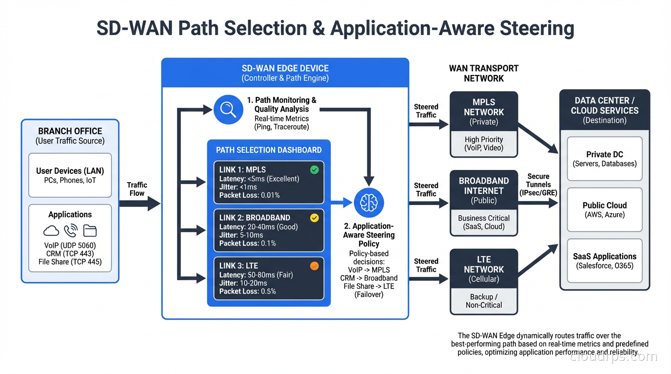 SD-WAN path selection dashboard showing MPLS, broadband, and LTE quality metrics with application-aware traffic steering