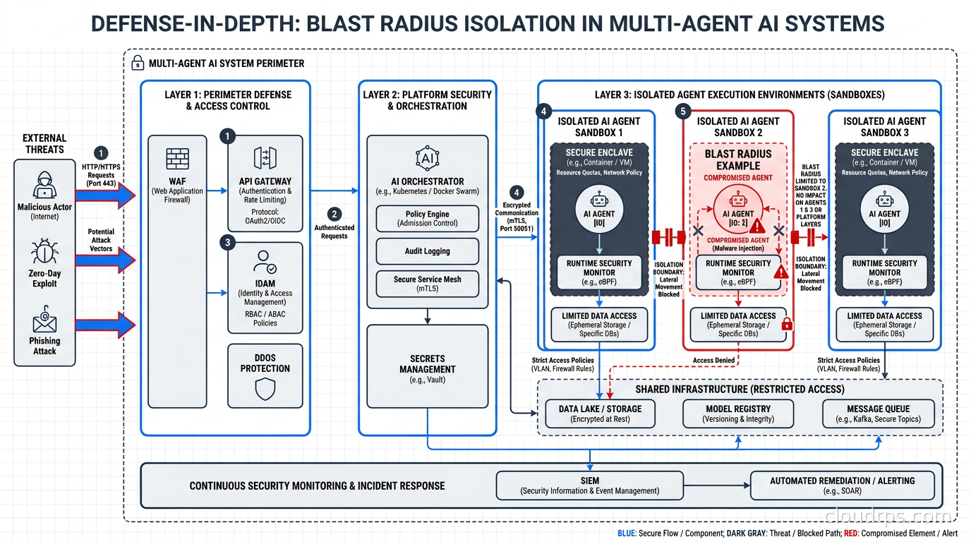 Defense-in-depth strategy for multi-agent AI systems showing blast radius isolation