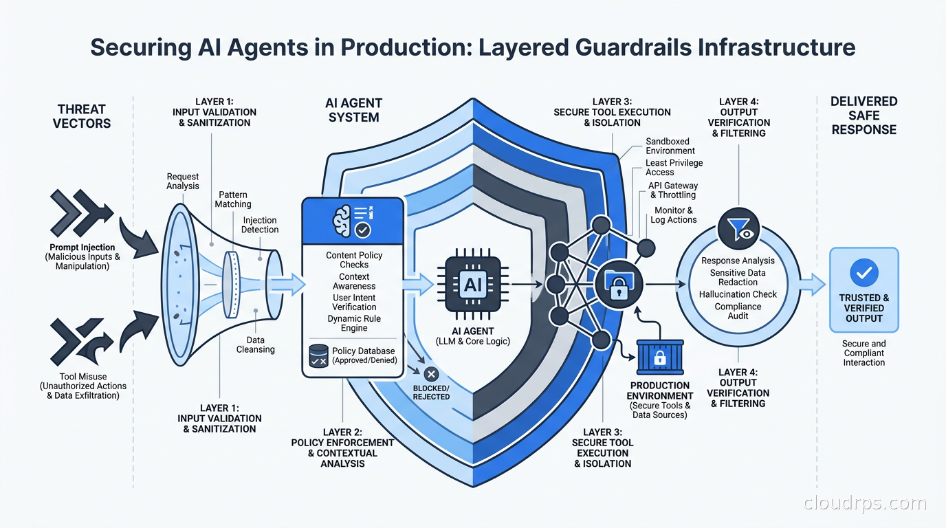 Diagram showing layered guardrails architecture protecting AI agents from prompt injection and tool misuse attacks