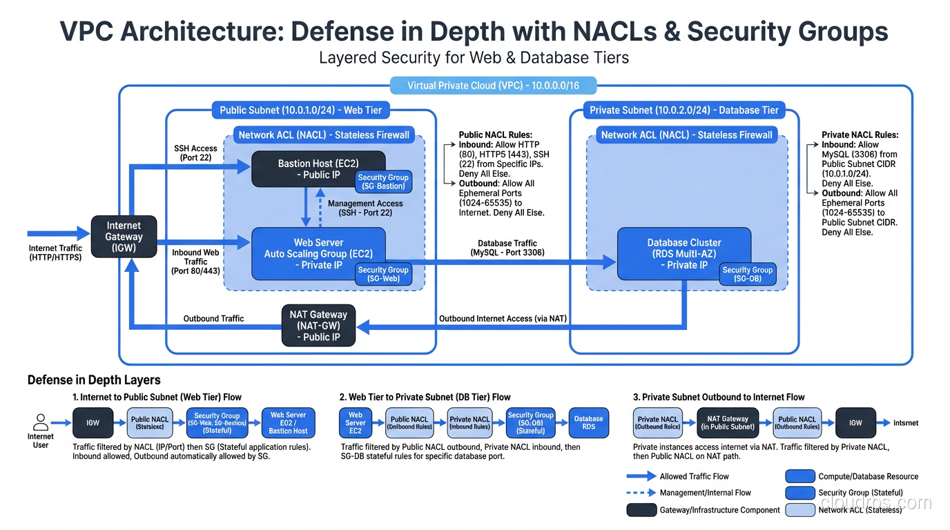 Complete VPC architecture showing NACLs and security groups layered for defense in depth