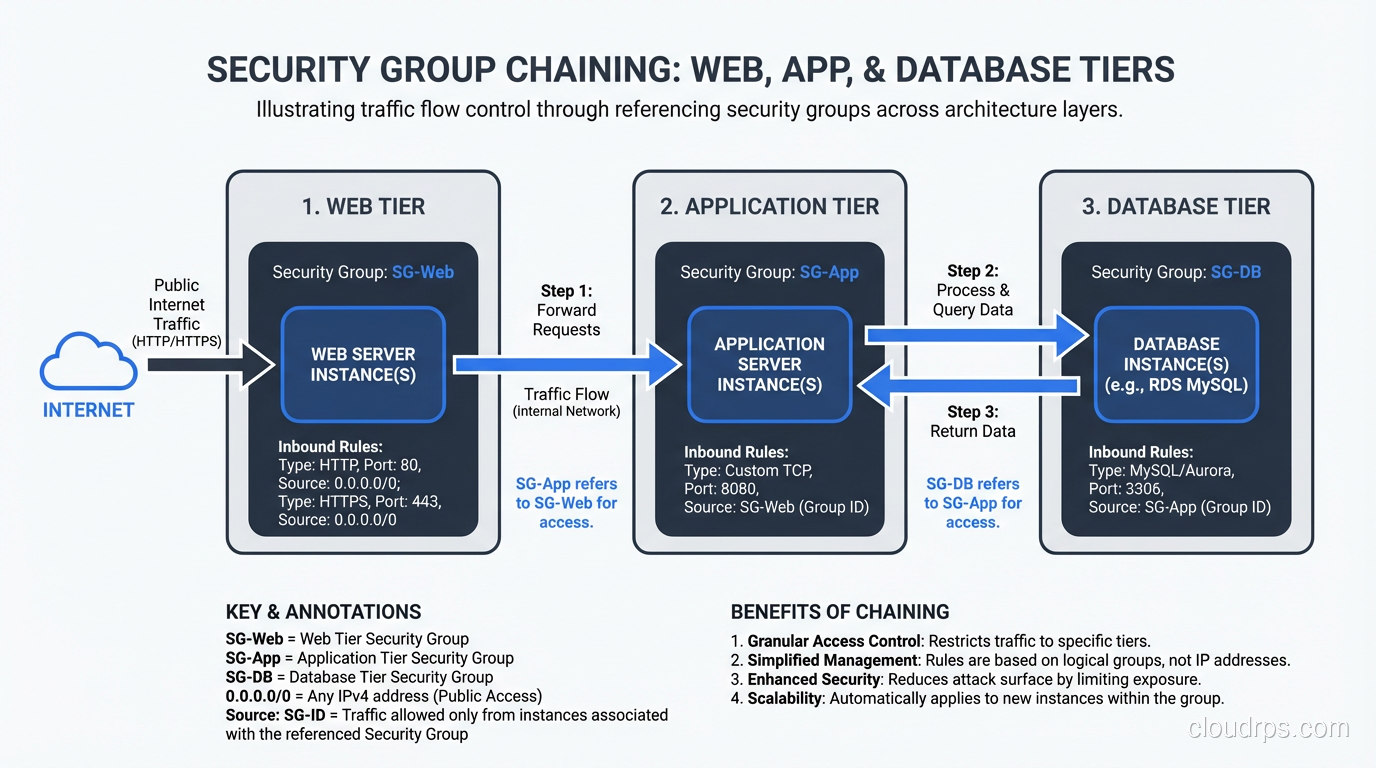 Security group chaining showing web, app, and database tiers with group references
