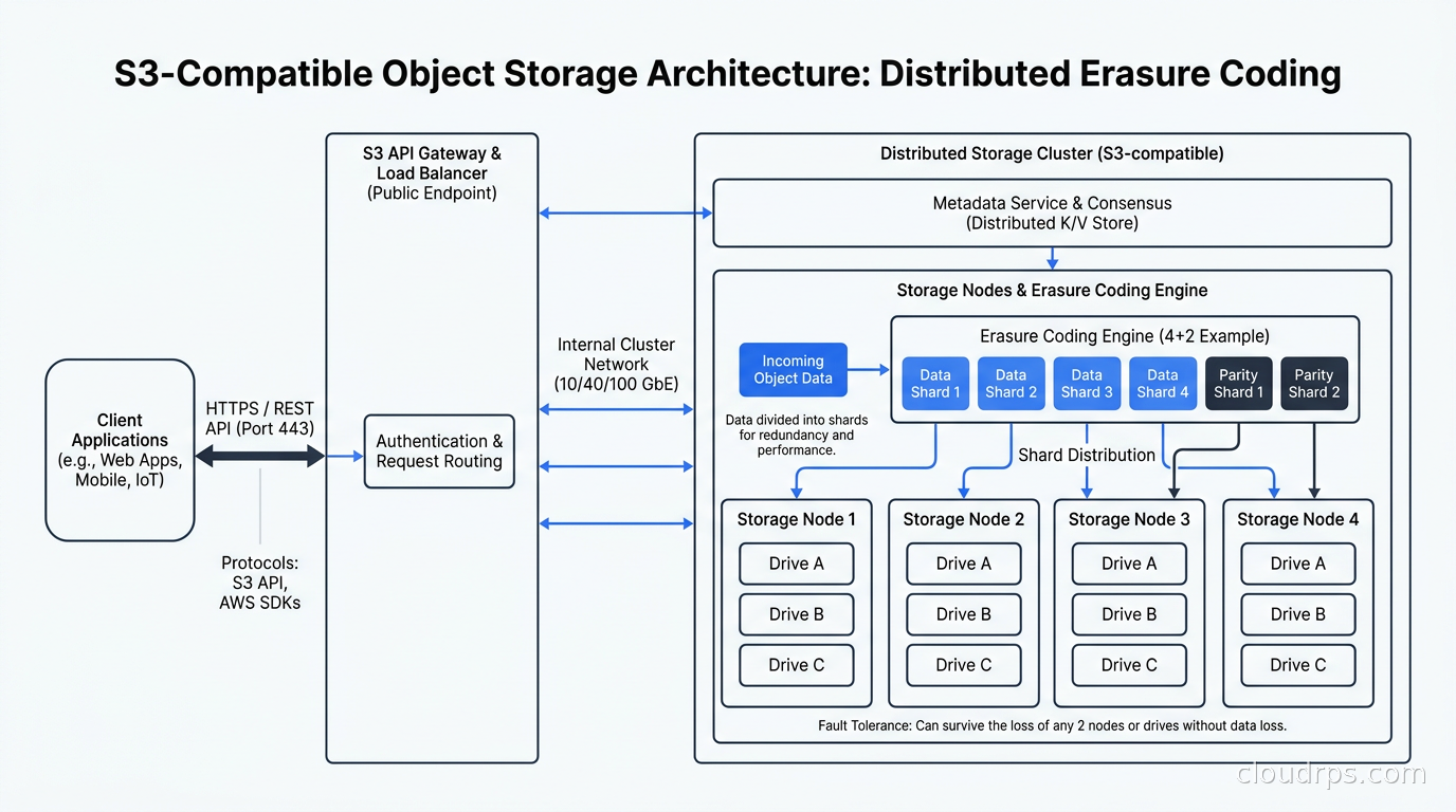 S3-compatible object storage architecture showing clients connecting through the S3 API to a distributed cluster with erasure-coded data shards spread across multiple storage nodes