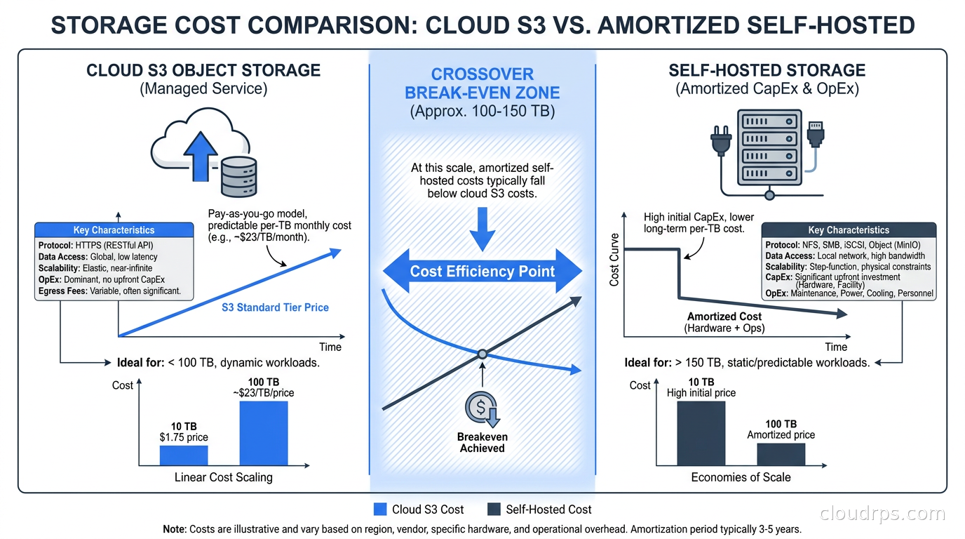 Storage cost comparison showing cloud S3 per-TB monthly cost versus amortized self-hosted storage costs at different scale points, with the crossover break-even zone highlighted around 100-150 TB