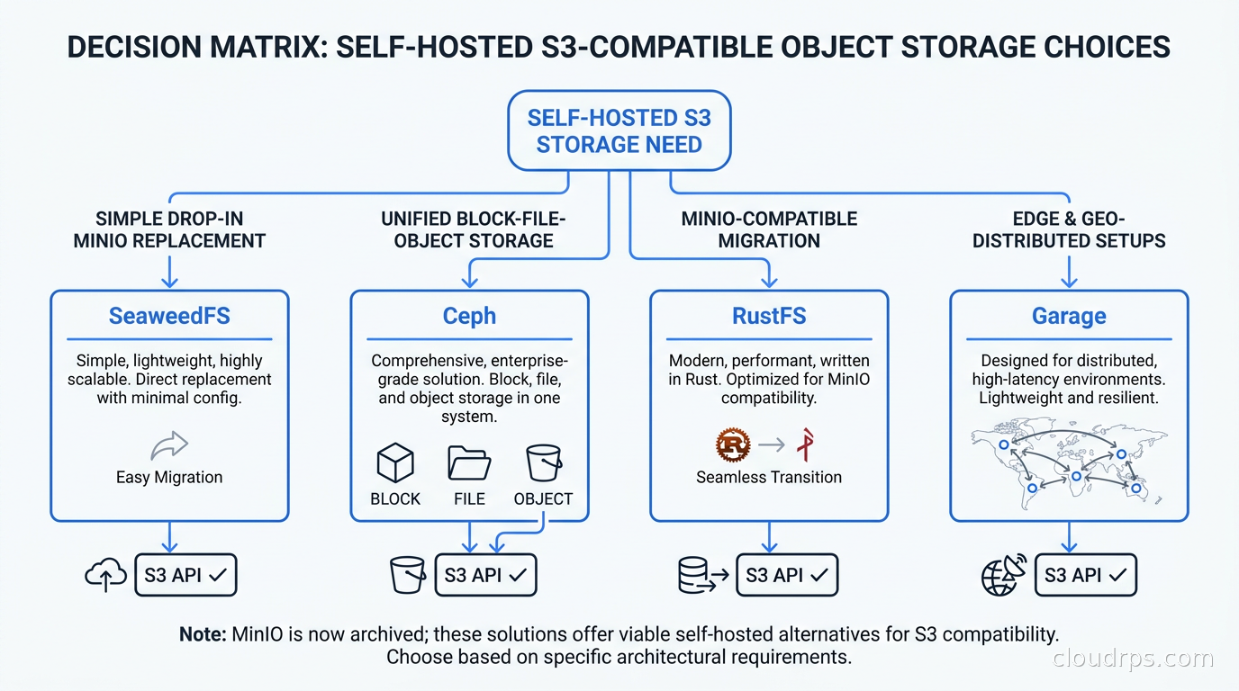 Decision matrix for self-hosted S3 storage choice: SeaweedFS for simple drop-in MinIO replacement, Ceph for unified block-file-object storage, RustFS for MinIO-compatible migration, Garage for edge and geo-distributed setups