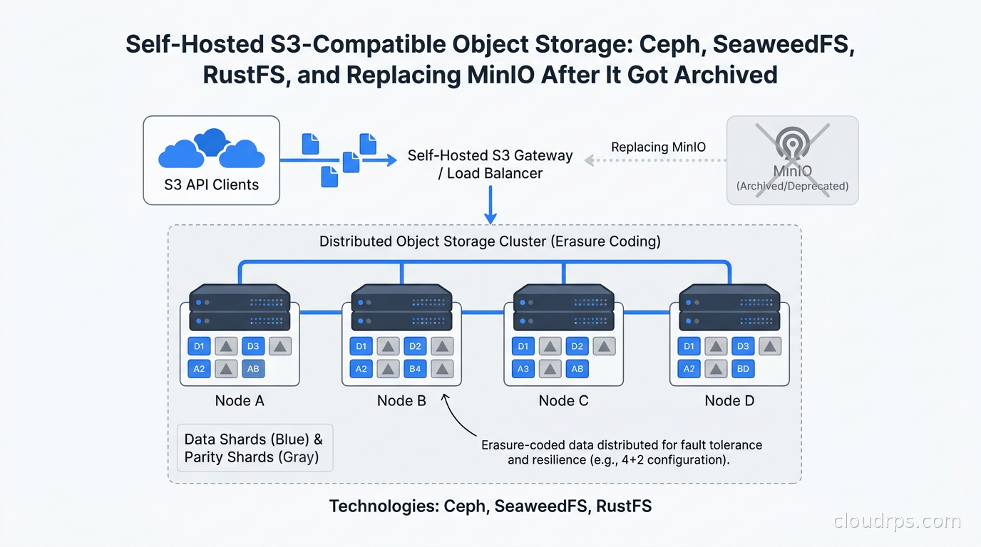 Distributed object storage cluster showing erasure-coded data shards across multiple nodes with S3 API clients connecting from above