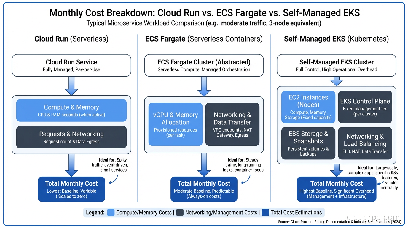 Monthly cost breakdown comparing Cloud Run, ECS Fargate, and self-managed EKS for a typical microservice workload