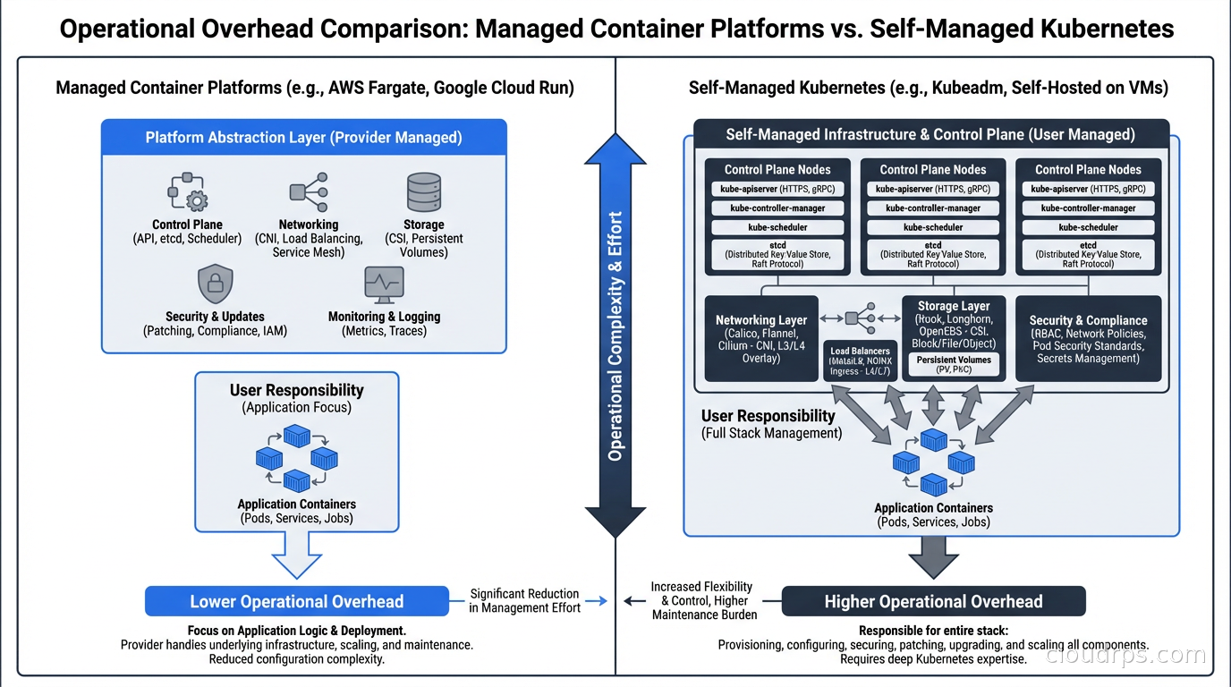 Comparison of operational overhead between managed container platforms and self-managed Kubernetes