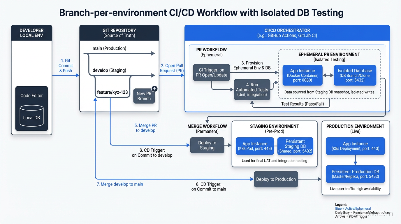 Branch-per-environment CI/CD workflow showing PR branches mapping to database branches for isolated testing