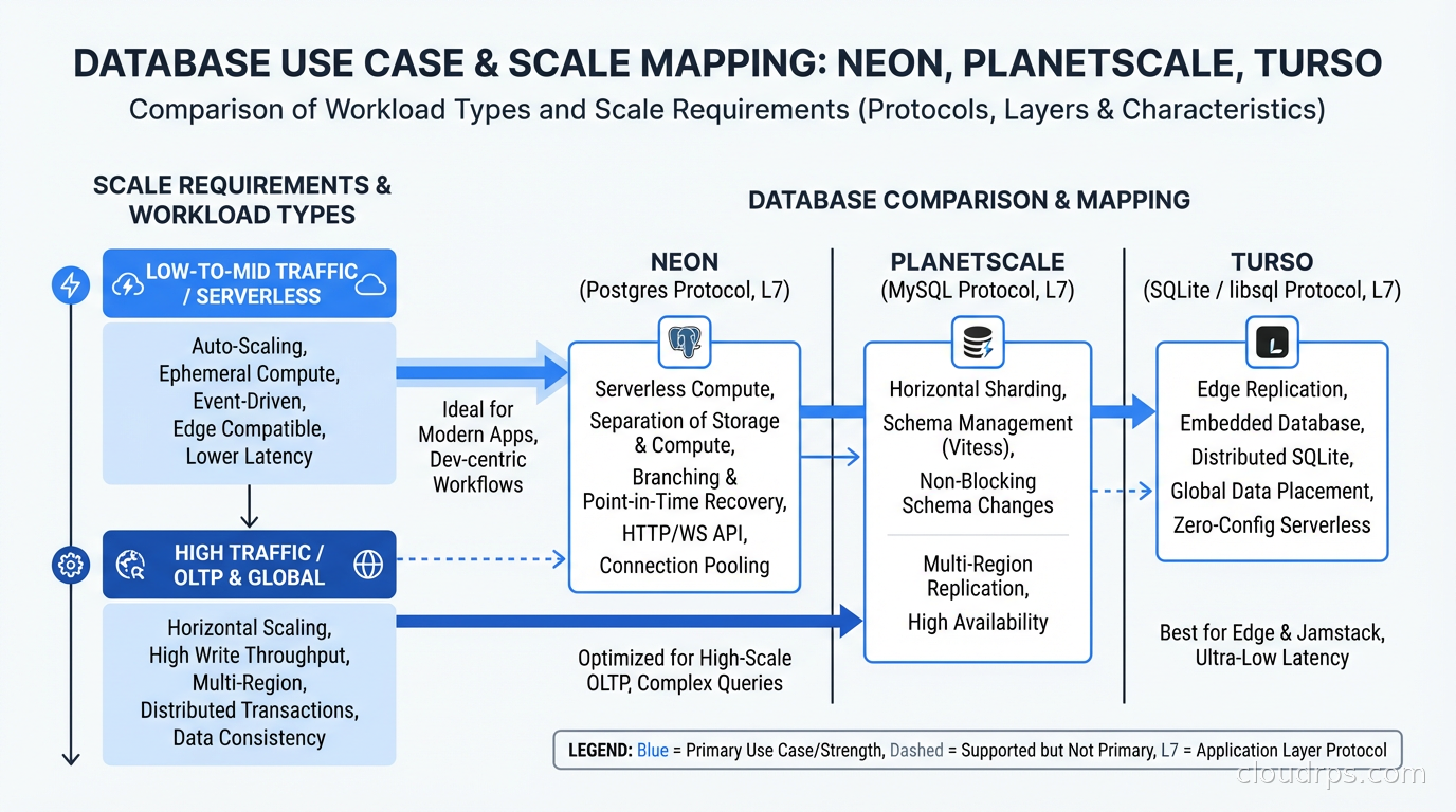 Comparison of Neon, PlanetScale, and Turso use cases mapped to workload types and scale requirements