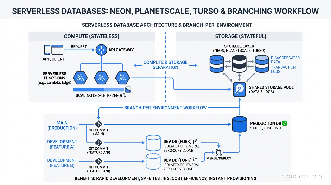 Serverless database architecture diagram showing compute and storage separation with branching workflow