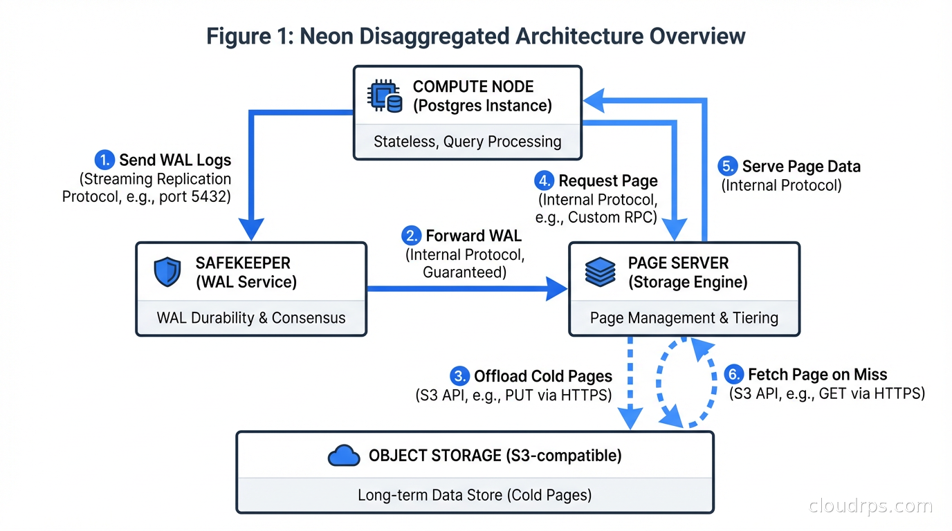 Neon’s disaggregated architecture showing compute nodes connecting to Page Server and Safekeeper storage layer