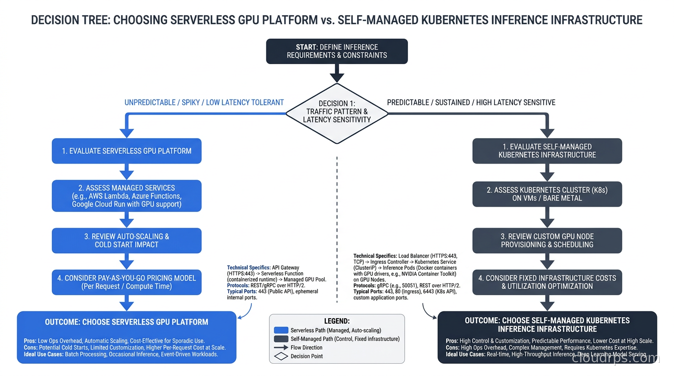 Decision tree flowchart for choosing serverless GPU platform versus self-managed Kubernetes inference infrastructure