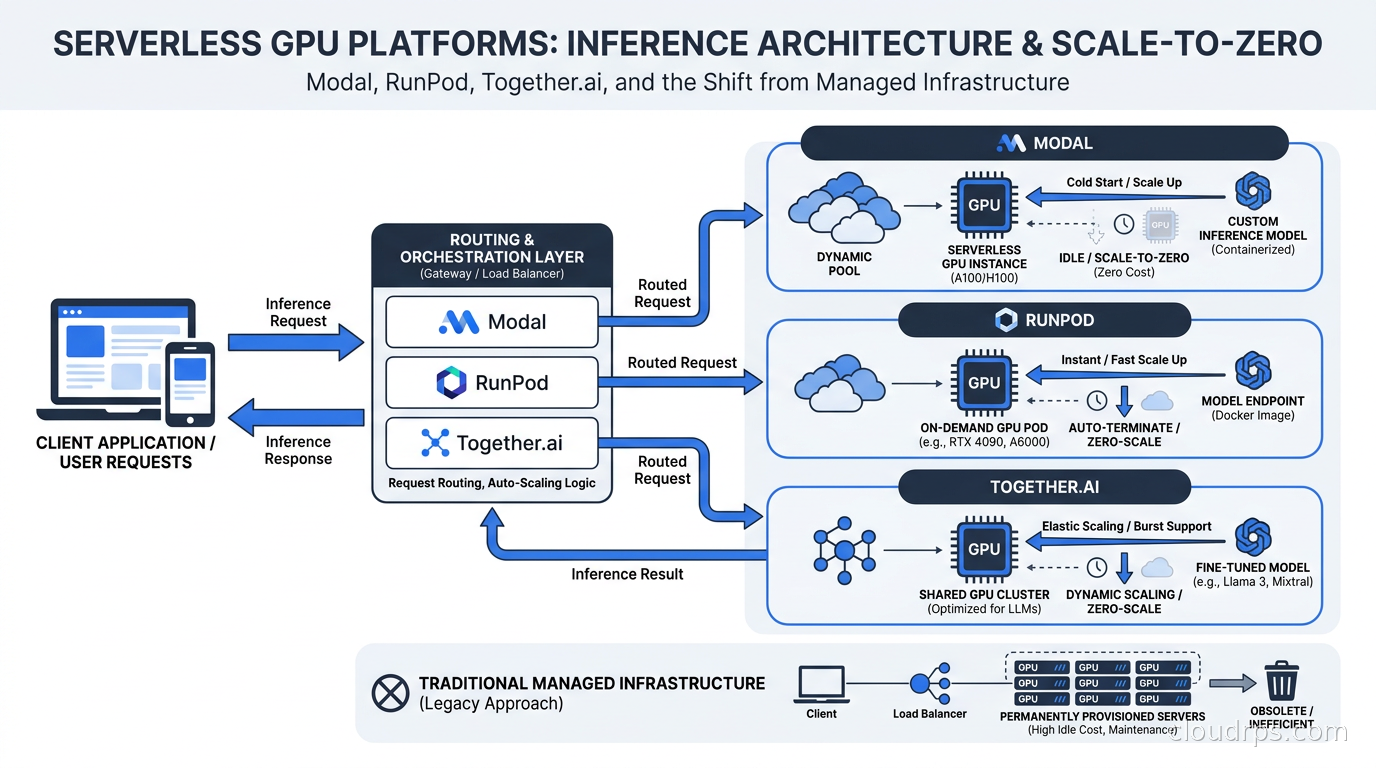 Architecture diagram showing serverless GPU inference platforms routing model requests with scale-to-zero compute