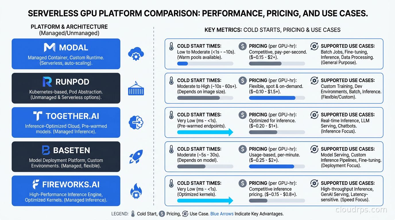 Comparison chart showing cold start times, pricing per GPU-hour, and supported use cases across Modal, RunPod, Together.ai, Baseten, and Fireworks.ai