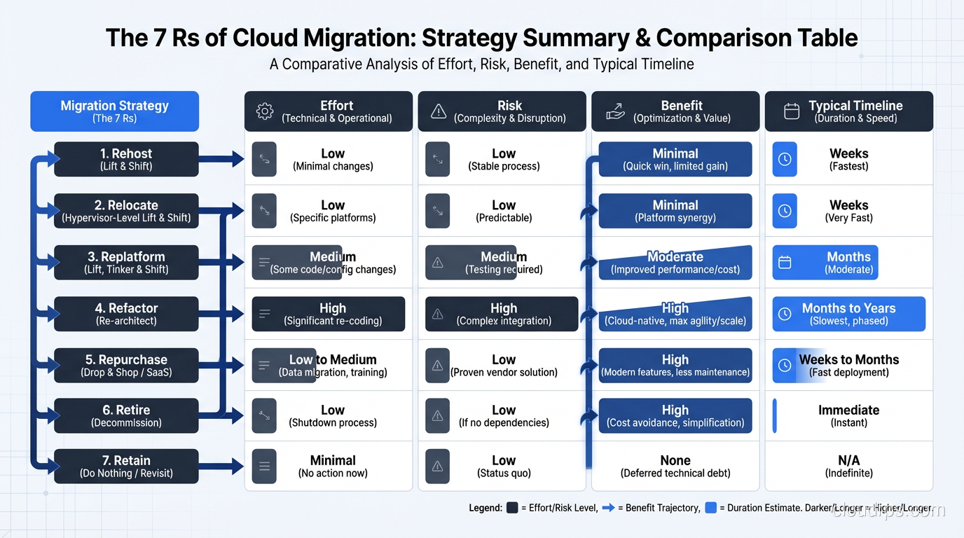 Summary table of all 7 Rs with effort, risk, benefit, and typical timeline for each