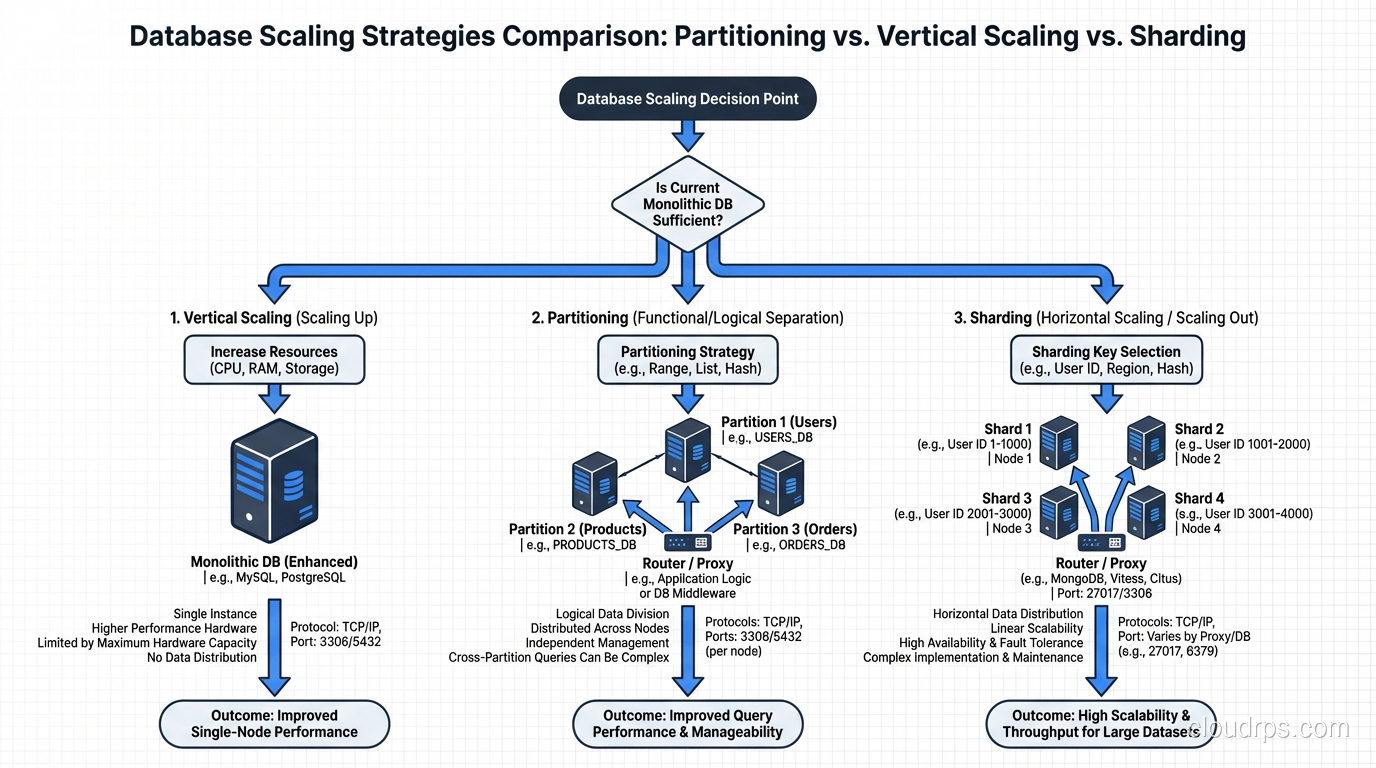 Decision flowchart comparing partitioning, vertical scaling, and sharding