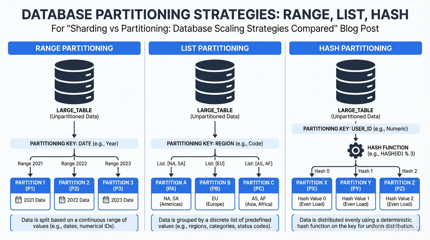 Three partitioning strategies illustrated: range, list, and hash partitioning