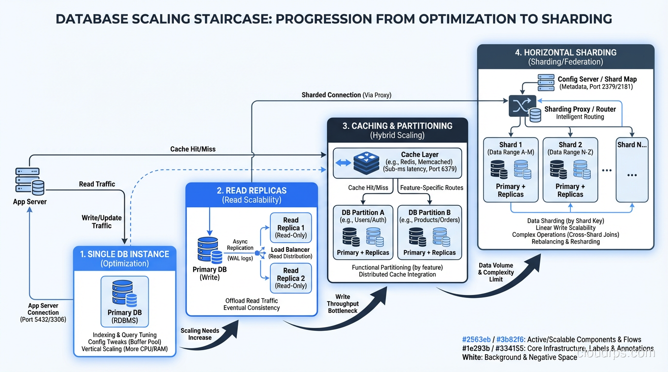 The database scaling staircase showing progression from optimization to sharding
