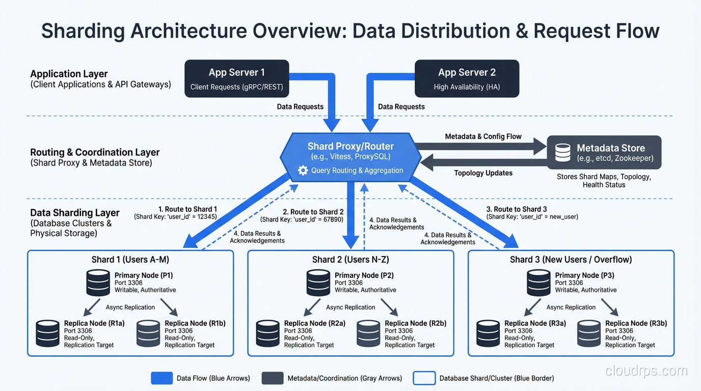Sharding architecture showing data distributed across multiple database servers