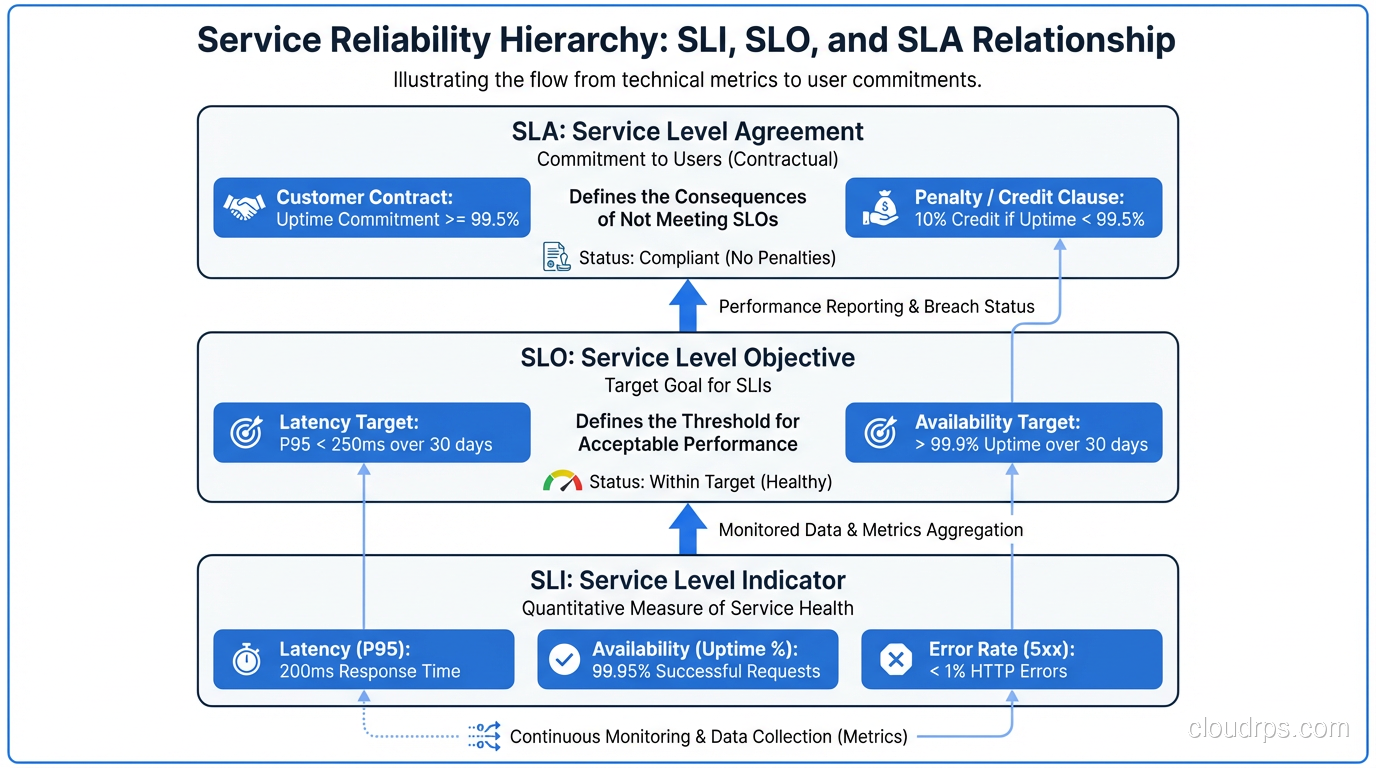 SLO, SLI, SLA relationship diagram showing the three-layer reliability hierarchy