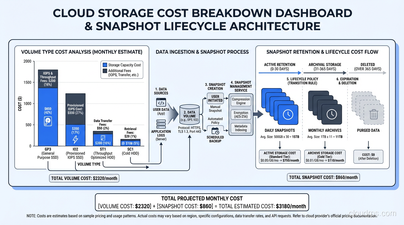 Dashboard showing cloud storage cost breakdown by volume type and snapshot retention