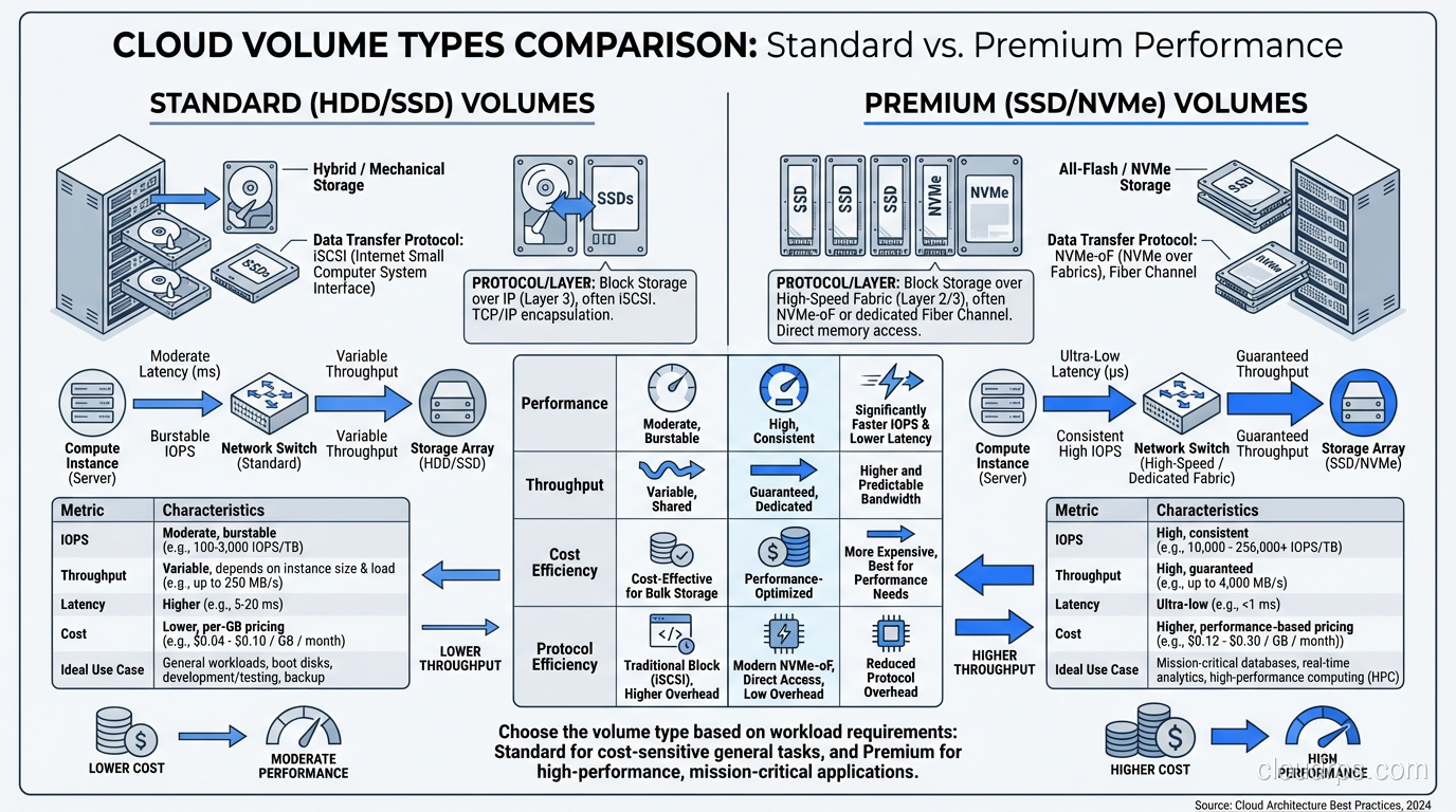Comparison table of cloud volume types with IOPS, throughput, and cost metrics