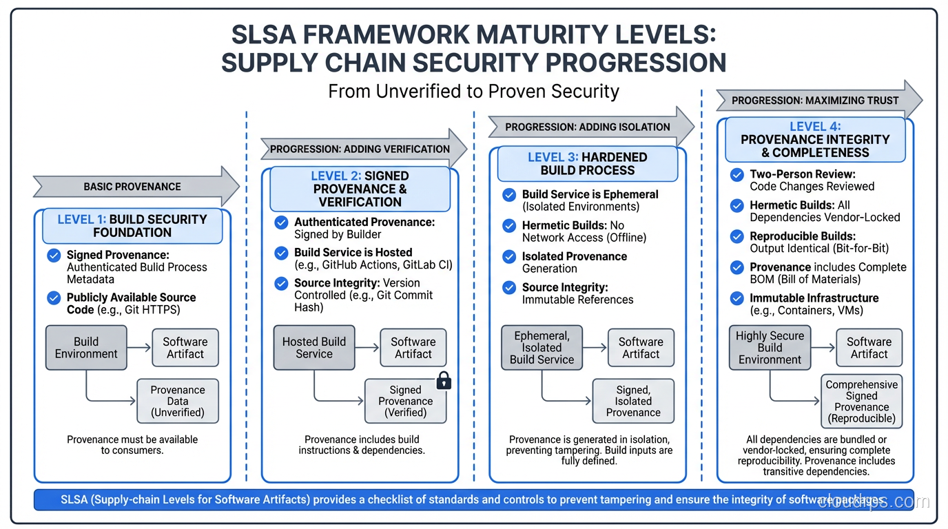 SLSA framework maturity levels showing supply chain security progression from level 1 to level 4