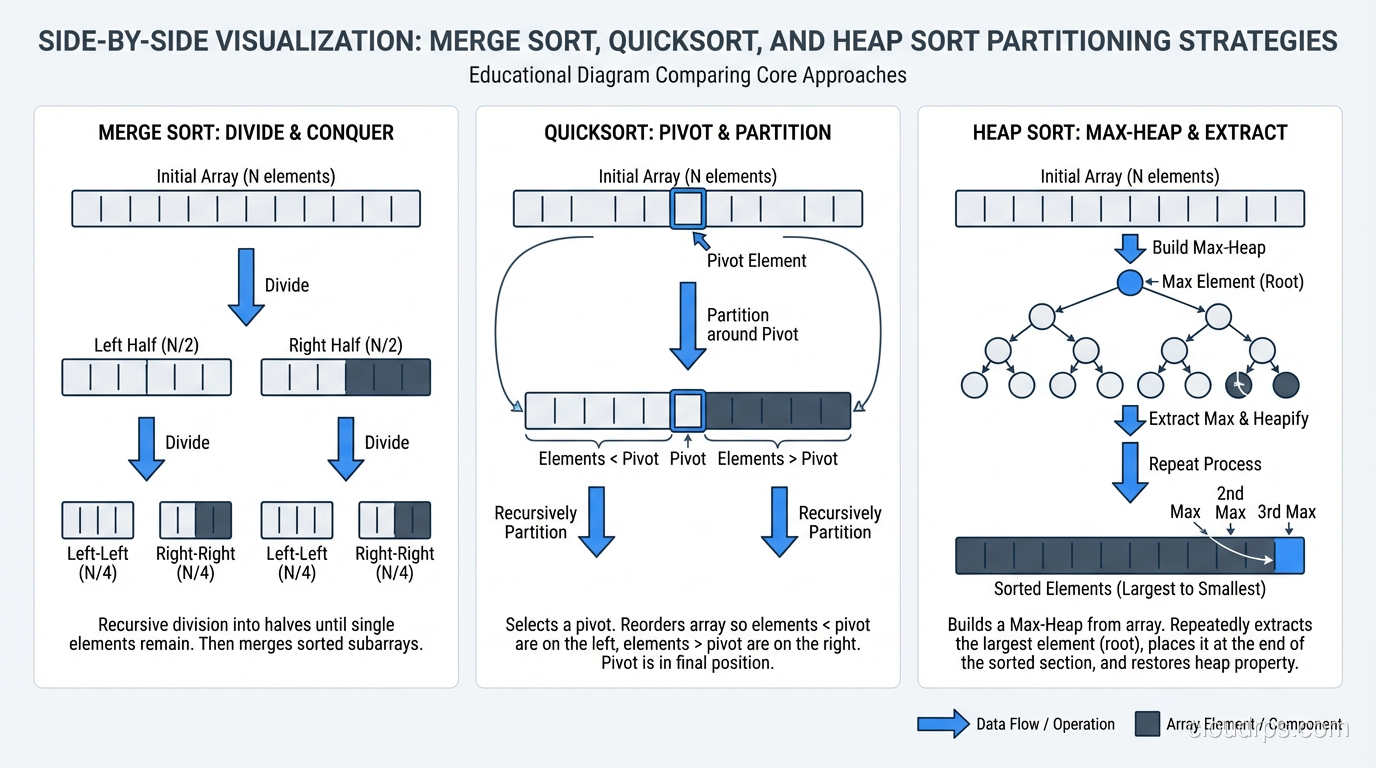 Side-by-side visualization of merge sort, quicksort, and heap sort partitioning strategies