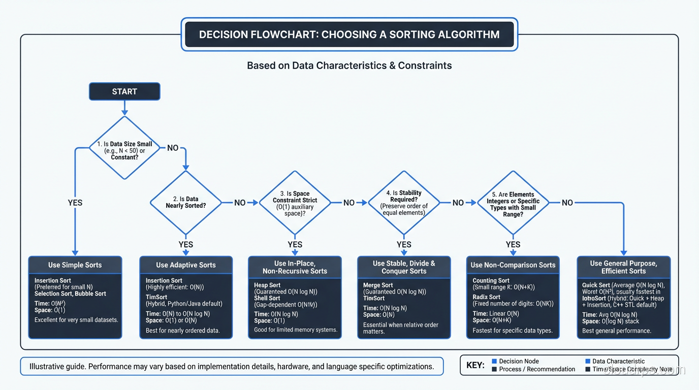 Decision flowchart for choosing a sorting algorithm based on data characteristics and constraints