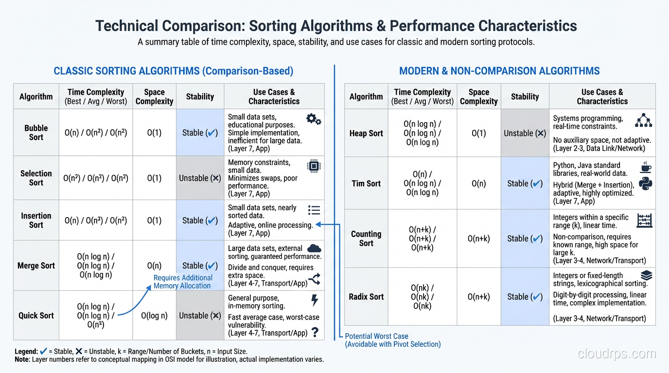 Summary comparison table of all sorting algorithms with time complexity, space, stability, and use cases