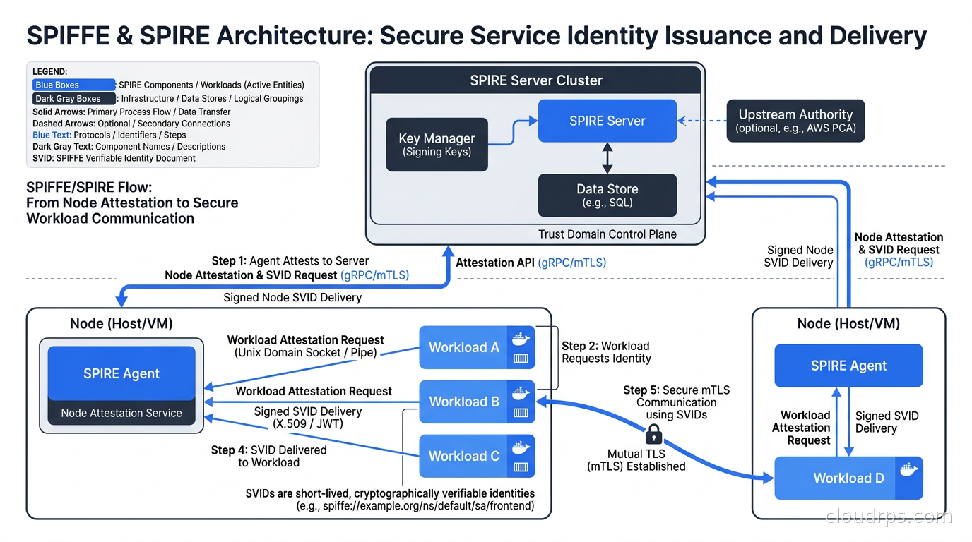 SPIFFE and SPIRE architecture showing the SPIRE Server issuing SVIDs to SPIRE Agents which deliver them to workloads