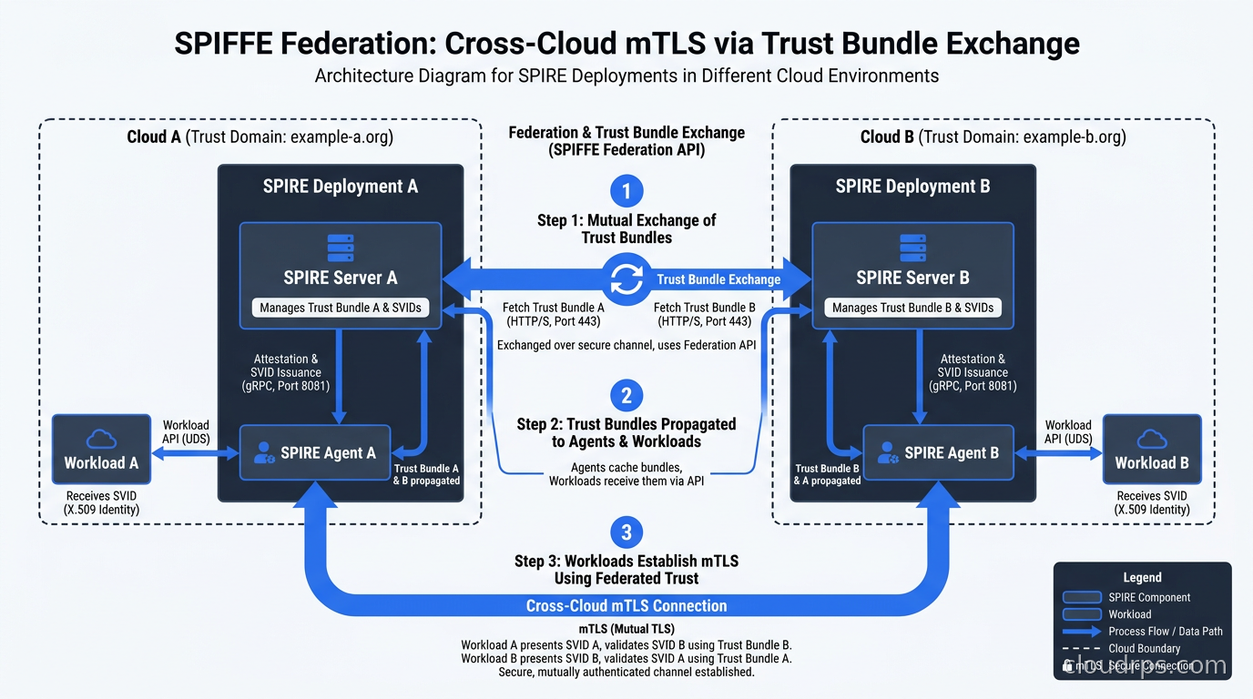 SPIFFE federation diagram showing trust bundle exchange between two SPIRE deployments in different cloud environments enabling cross-cloud mTLS