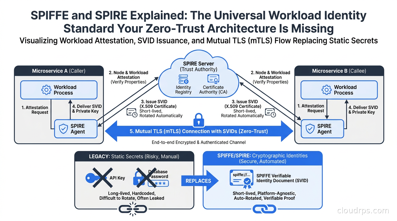 Diagram showing SPIFFE workload identity flow between microservices with cryptographic certificates replacing static secrets