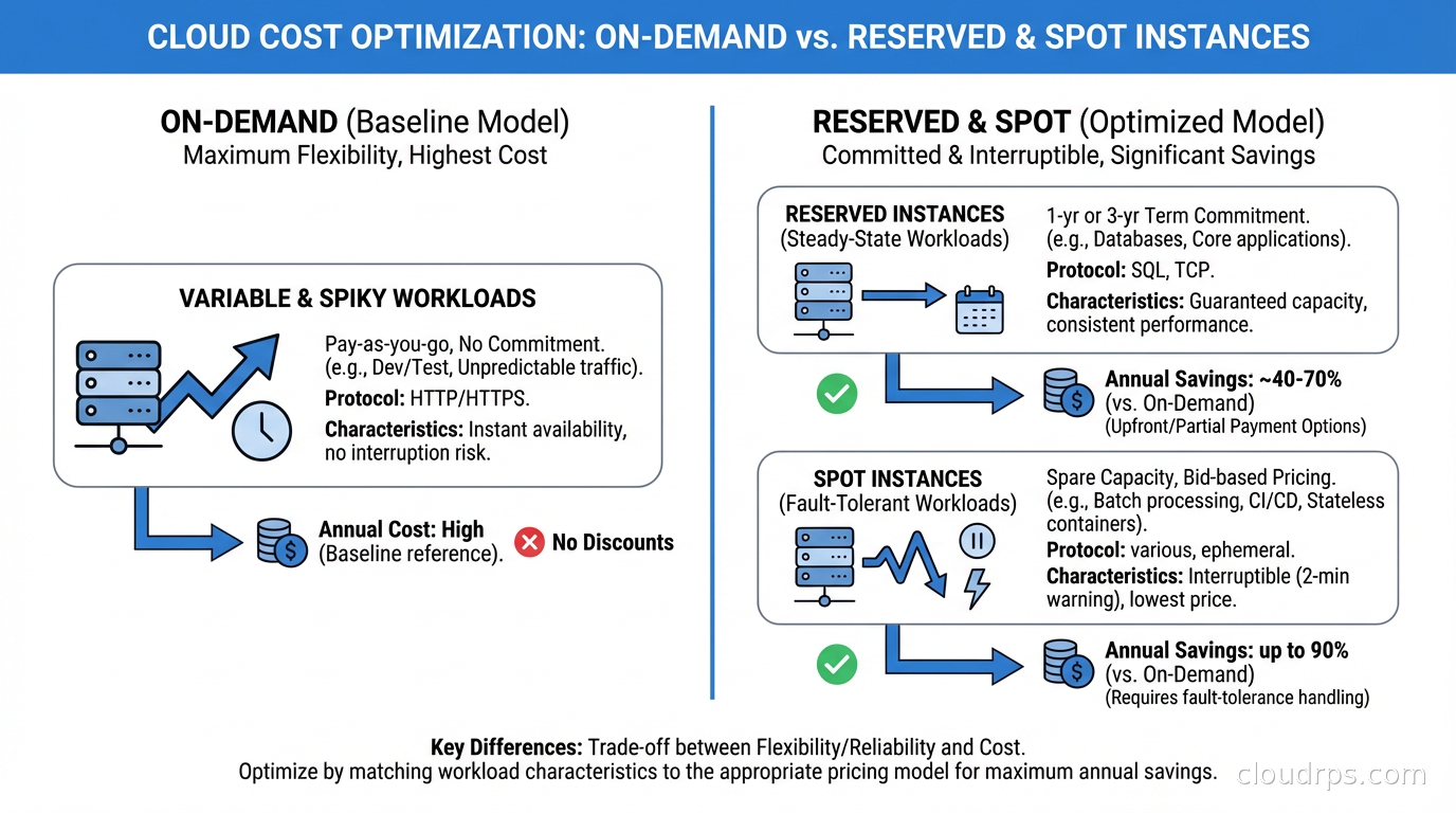 Cost comparison between On-Demand, Reserved Instances, and Spot across workload types showing annual savings potential