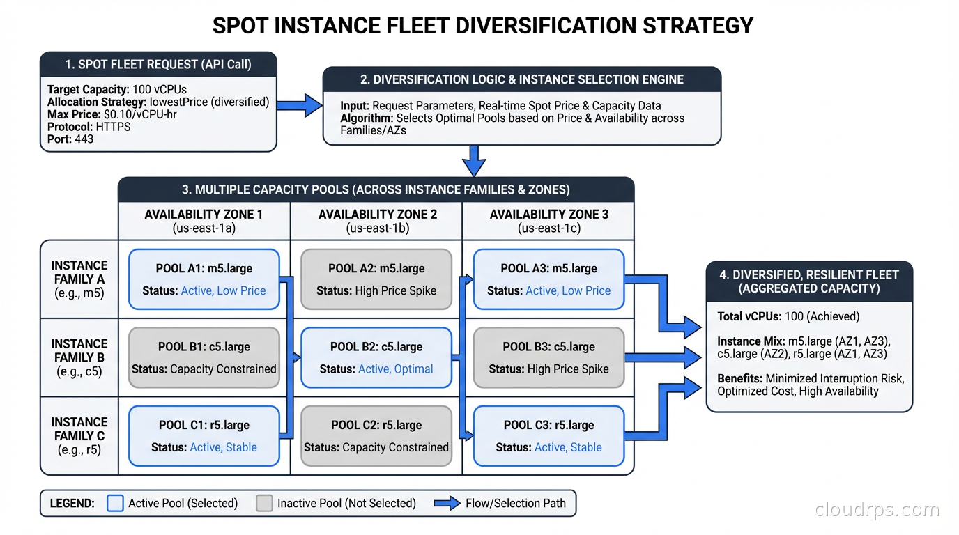 Spot instance fleet diversification strategy showing multiple capacity pools across instance families and availability zones