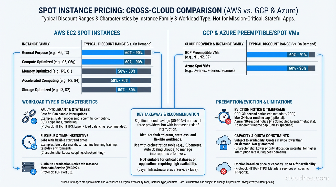 Spot instance pricing comparison across AWS, GCP, and Azure showing typical discount ranges by instance family and workload type