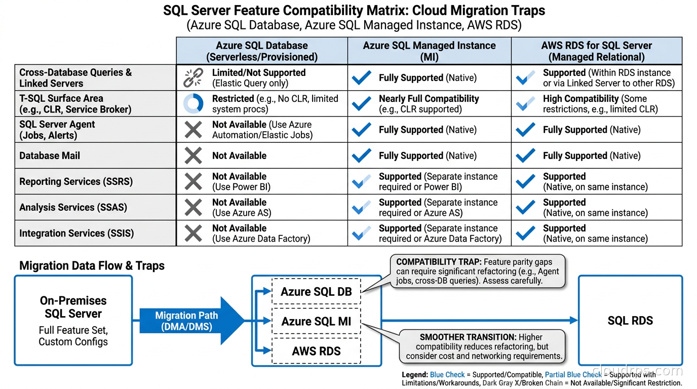 SQL Server feature compatibility matrix across Azure SQL Database, Azure SQL Managed Instance, and AWS RDS