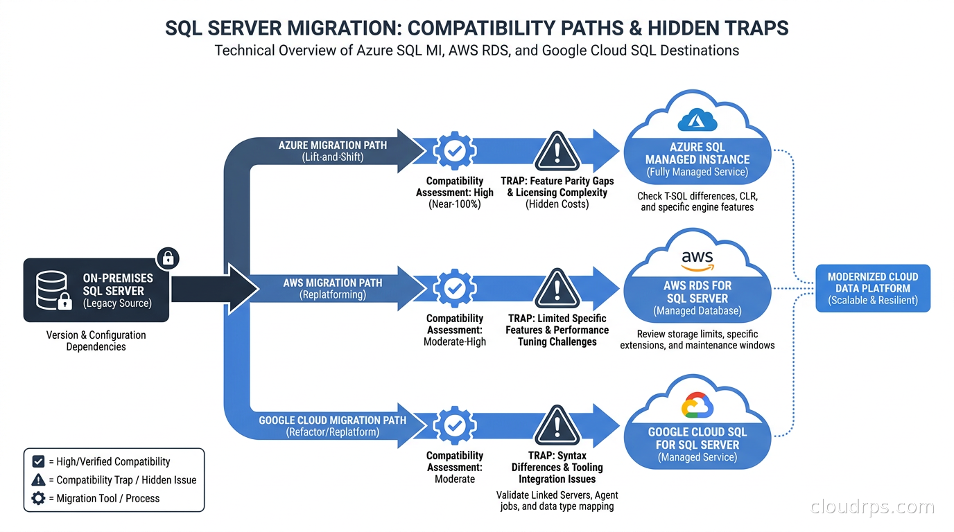 Diagram showing SQL Server migration paths to Azure SQL Managed Instance, AWS RDS, and Google Cloud SQL with compatibility indicators