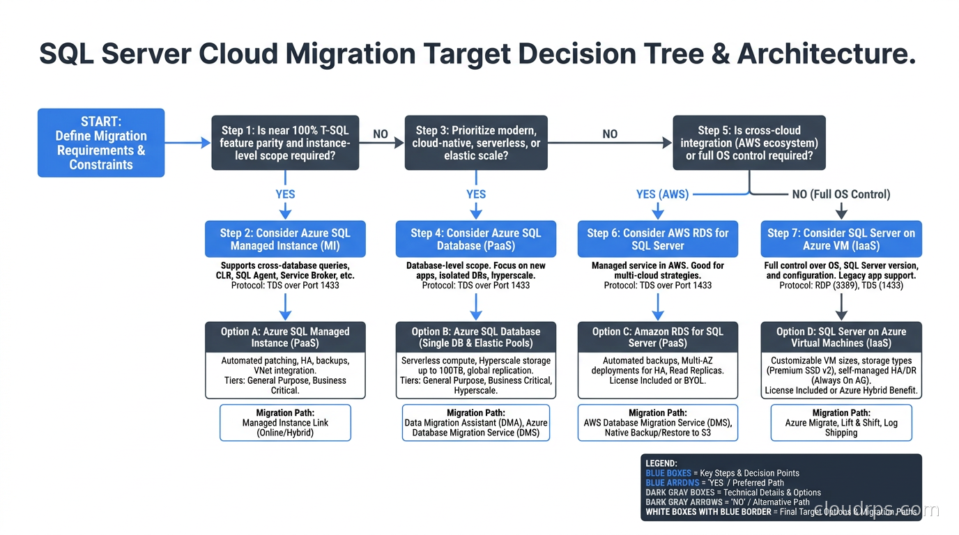 SQL Server cloud migration target decision tree showing Azure SQL Database, Azure SQL MI, AWS RDS, and IaaS options