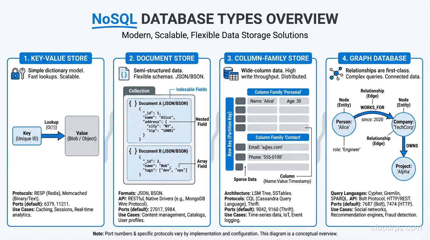 NoSQL database types showing document, key-value, column-family, and graph models