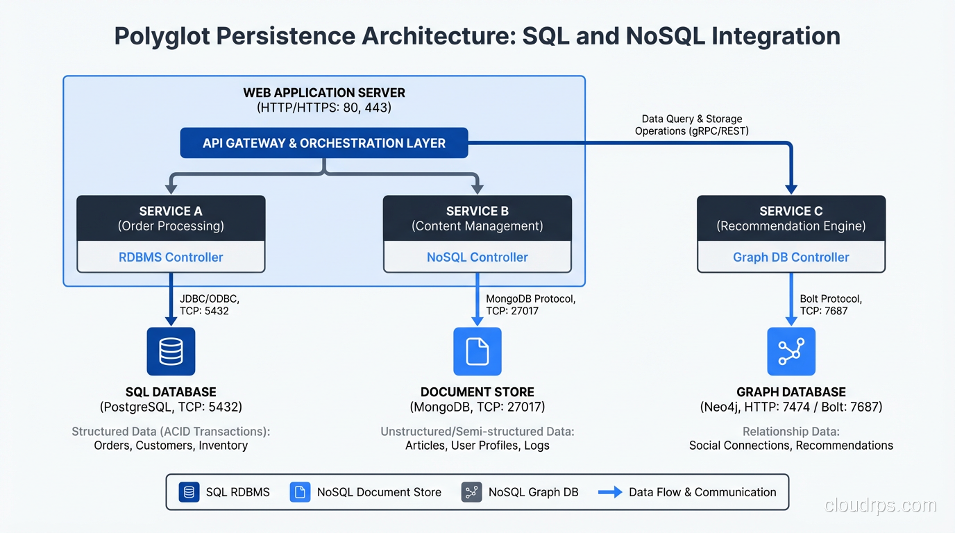 Architecture diagram showing polyglot persistence with SQL and NoSQL databases serving different roles