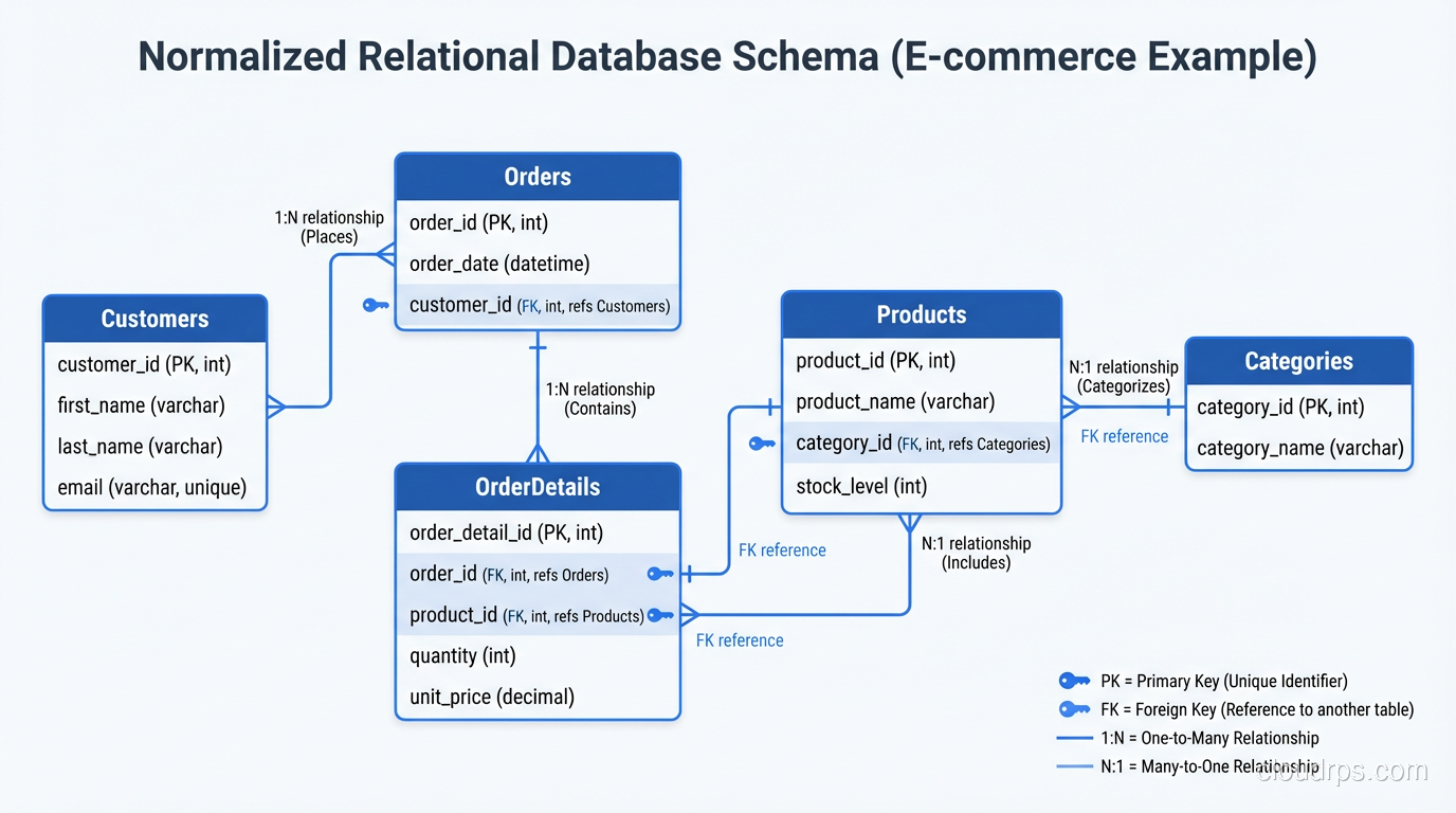 Relational database diagram showing normalized tables with foreign key relationships