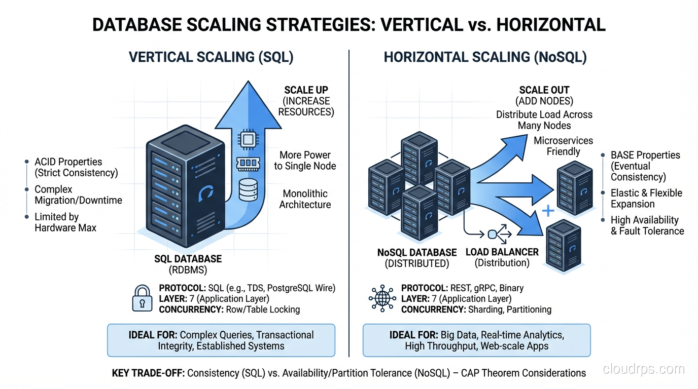 Scaling comparison showing vertical scaling for SQL and horizontal scaling for NoSQL