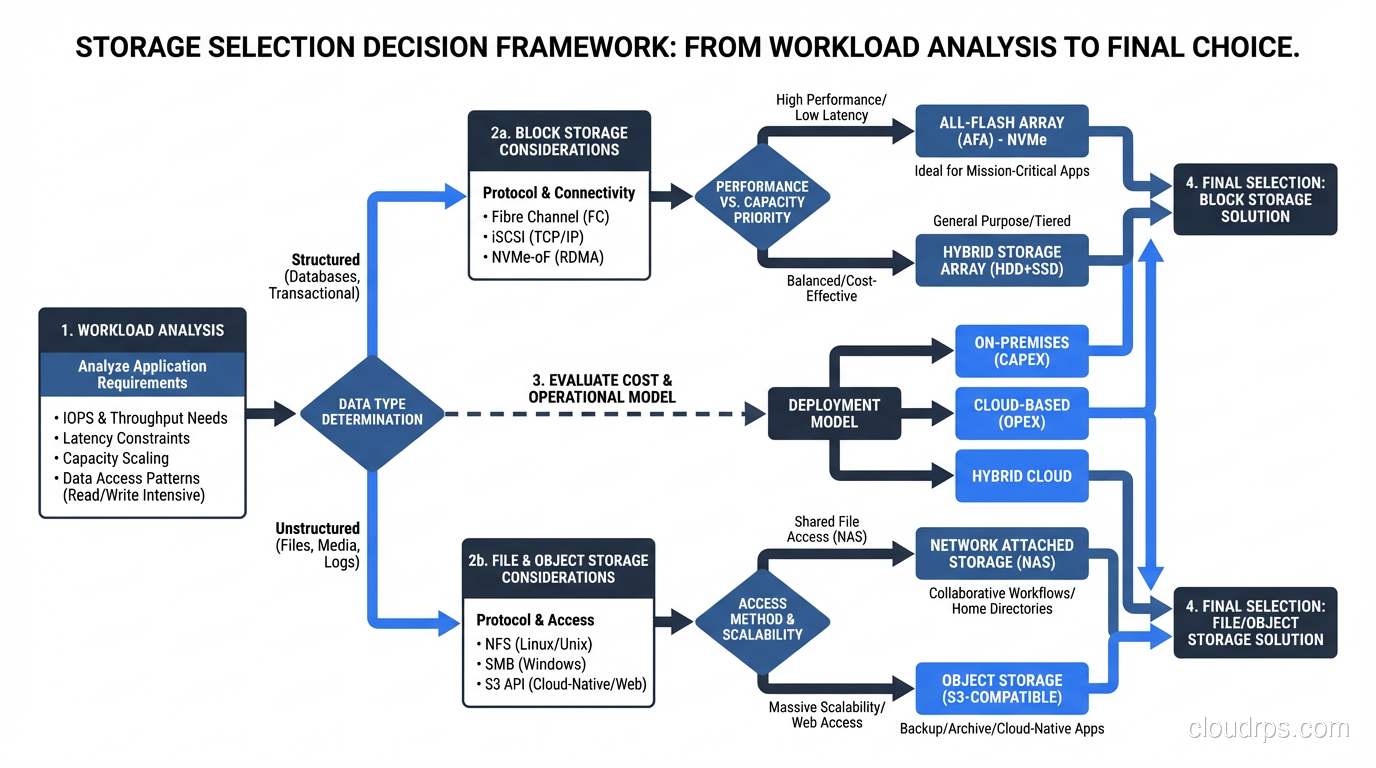 Flowchart showing the storage selection decision framework from workload analysis to final choice