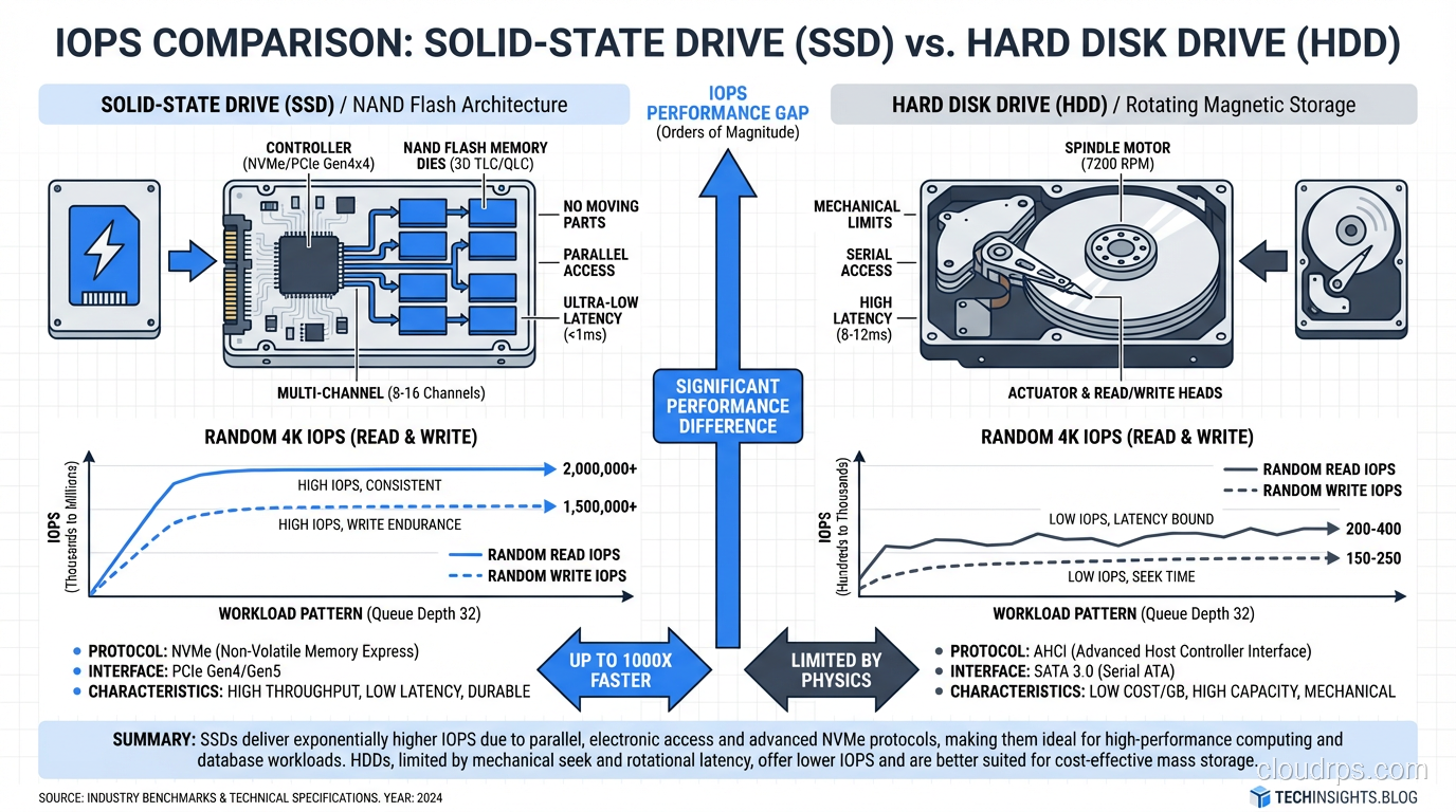 Chart showing IOPS comparison between SSD and HDD across different workload patterns