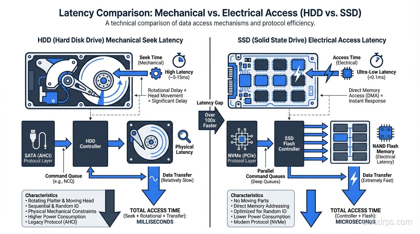 Diagram showing HDD mechanical seek vs SSD electrical access latency comparison